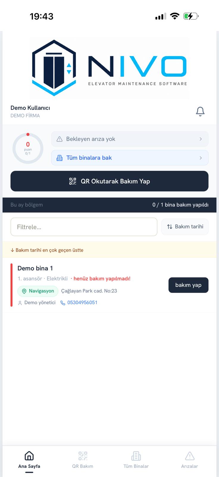 Nivo mobil uygulama ana sayfa ekranı - bekleyen arıza, QR bakım ve bina listesi